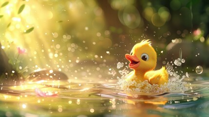 Yellow rubber duck swimming in blue water