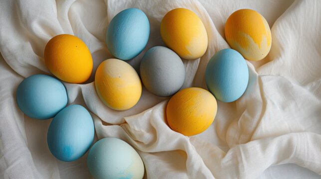  a group of eggs sitting on top of a white cloth next to a pile of blue and yellow eggs on top of a white cloth covered table cloth on top of a white cloth.
