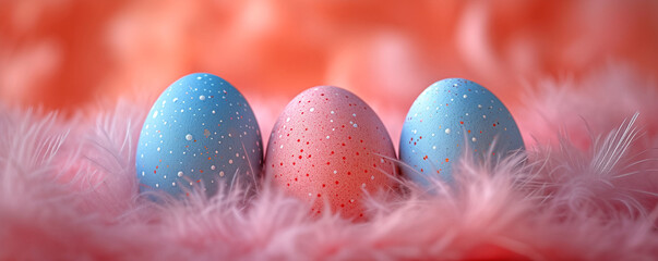 Pastel easter eggs in pink feathers on light background. Happy Easter and springtime concept....