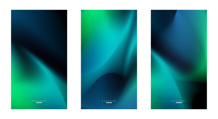 Set of Abstract liquid Gradient Vertical Background. Black, Blue and Green Fluid Color Gradient. Design Template For ads, Banner, Poster, Cover, Brochure, Wallpaper, and flyer. Vector.