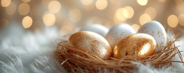 White and golden easter eggs in a nest with feathers on bokeh background. Happy Easter and...