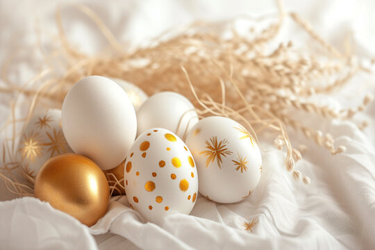 White and golden easter eggs and tree branch on white fabric. Happy Easter and springtime concept. Simple spring template, greeting card, banner. Minimalistic composition with copy space