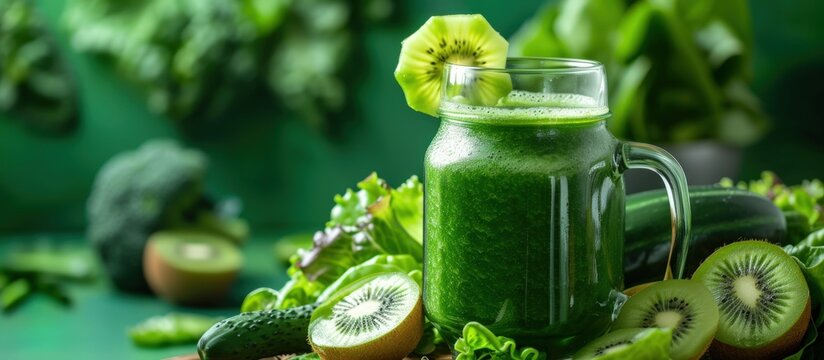 Fresh green smoothie fruit drink in a jar on natural green background. AI generated image