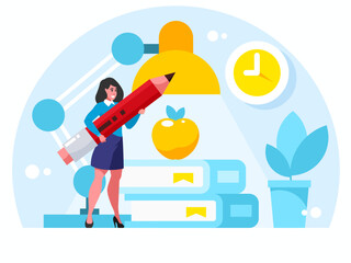 Female student with pencil. Businesswoman stands with a huge pencil. Business reporting. Accounting. Knowledge acquisition concept. Background with table lamp, books and apple. Vector graphics