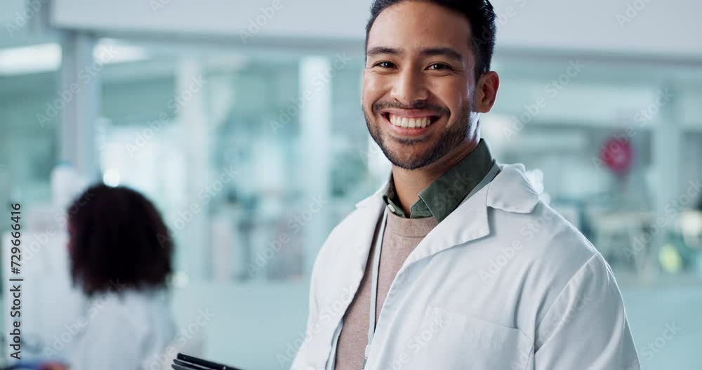 Sticker Man, face and scientist with tablet in laboratory and online research of medical specialist in healthcare. Asian doctor, portrait and happy at work in pharmaceutical career and working on innovation