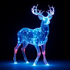 A deer that is made of fluorescent light, with neon light, beautiful, glass sculpture, mystical being, enchanted forest, on a dark background. 3D rendering concept design illustration.