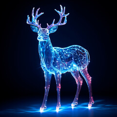 A deer that is made of fluorescent light, with neon light, beautiful, glass sculpture, mystical being, enchanted forest, on a dark background. 3D rendering concept design illustration.