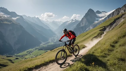 Crédence de cuisine en verre imprimé Montagnes Mountain biker riding in the mountains. Mountain bike rider in the action
