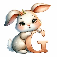 Bunny Holding Letter G, Whimsical Watercolor Alphabet.