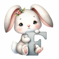 Bunny Holding Letter F, Whimsical Watercolor Alphabet.