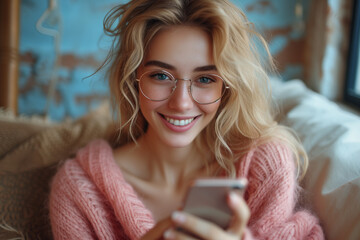 white woman smiles at the camera while holding a smartphone on the sofa in her home.