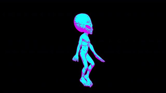 Seamless loopable animation of a walking alien in cartoon style isolated with alpha channel.