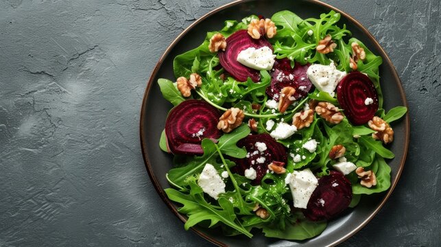  a plate of salad with beets, feta cheese, walnuts, and pecans on a gray background with a wooden spoon on the plate is sitting on a gray surface.