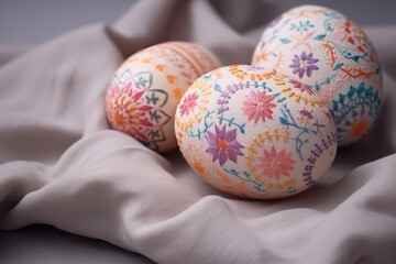 Hand embroidery with painted Easter eggs. Generative AI