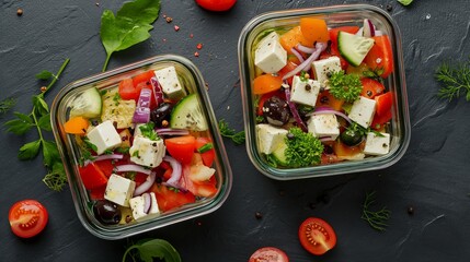 Containers with salad, top view. Generative AI