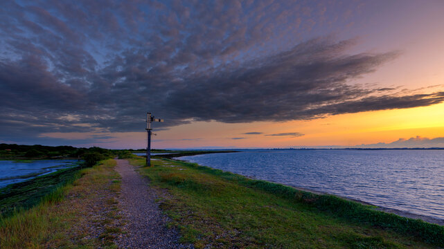 Sunset on the Hayling Billy Trail old railway near Langstone, Hampshire