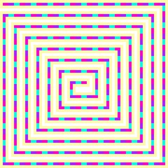 Pink, blue, and purple square spiral design with yellow border