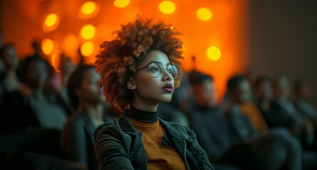 A Young African American Woman Absorbed in Thought at a Gathering, Her Vision Cast Towards Future Horizons Against a Warm Backdrop