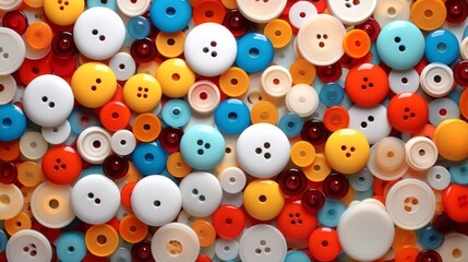 Fototapeta na wymiar Multicolored sewing buttons spread out in abundance. Top view. Closeup. Concept of sewing, crafting, tailoring, colorful design, clothing repair, hobbies.