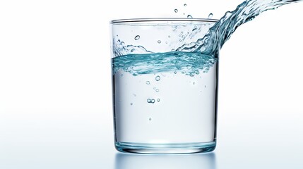 Crystal clear water filling a glass, causing a splash, against a white background. Evokes a sense of purity and refreshment. Concept of clean drinking water, health, ecology and refreshment