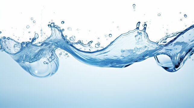 Clear water splash with bubbles against a light background. Captures fluid motion. Wide banner. Copy space. Concept of purity, hydration, refreshment, delivery of clean water
