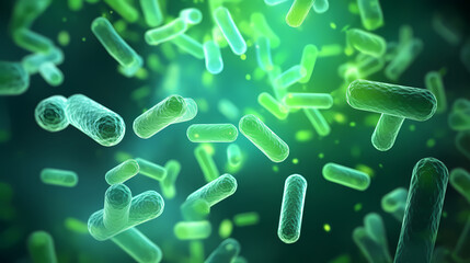 Various shapes of bacteria, probiotics under microscope, science, medicine concept background