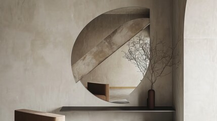  a round mirror sitting on top of a shelf next to a vase and a vase with a plant in it on top of a shelf in front of a wall.