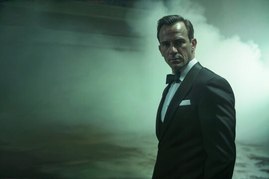 A close up view of a man in a black tuxedo. Great for use for a themed black tie event such as gatsbys mansion