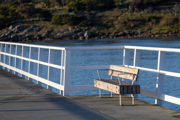 The new causeway bench seats between Victor Harbor and Granite island in South Australia on...