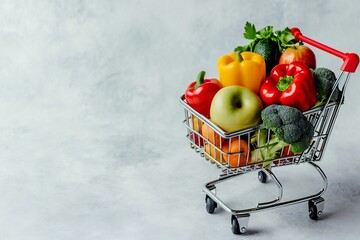 Grocery cart full of shopping on a light background, copy space, banner background