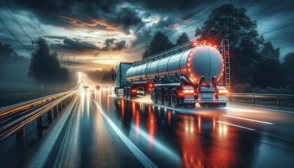 large fuel truck in rainy weather - obrazy, fototapety, plakaty