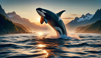 a killer whale jumps out of the water  - obrazy, fototapety, plakaty