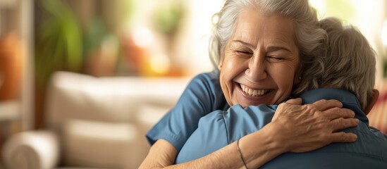 Portrait happy woman nurse hug her old senior patient in elderly care house. AI generated image - obrazy, fototapety, plakaty