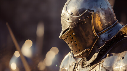A close-up image of a medieval knight in shining armor - obrazy, fototapety, plakaty