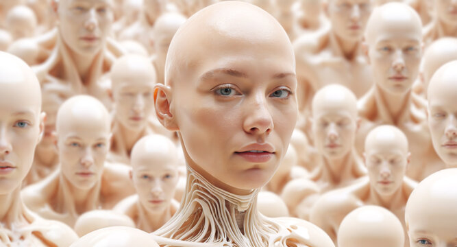AI generated image with a crowd of AI bots looking like humans 