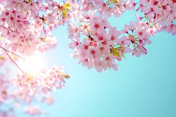 Branches of Blossoming Pink Sakura Macro With Soft Focus on Gentle Light Blue Sky Background in Sunlight With Copy Space. Beautiful Floral Image of Spring Nature.
