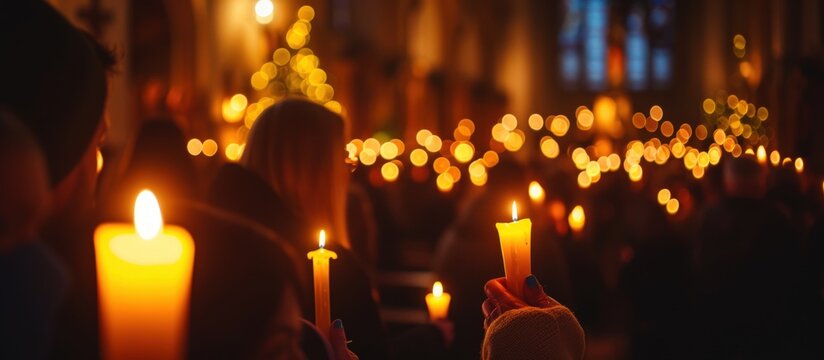 Many people religious praying and holding candles in a church. AI generated image