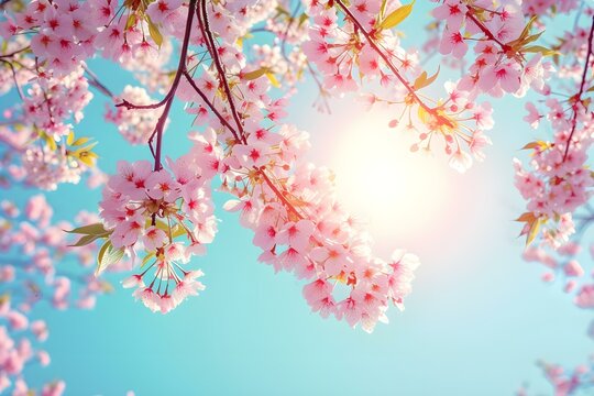 Branches of Blossoming Pink Sakura Macro With Soft Focus on Gentle Light Blue Sky Background in Sunlight With Copy Space. Beautiful Floral Image of Spring Nature.