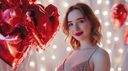 Obraz na płótnie Canvas A happy woman with stylish long hair in an evening dress poses with heart-shaped balloons, on a white romantic backdrop for Valentine's Day