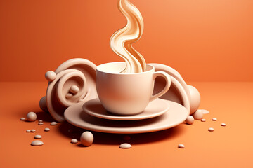Obraz premium Cappuccino in levitation on abstract orange pastel background. Coffee cup and plate. Coffee shop promotions, social media posts, or beverage advertisements