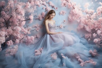 Woman in Enchanting Floral Gown Under Cherry Blossoms