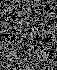 A black and white abstract hand-drawn drawing of chaotic shapes.Seamless pattern.