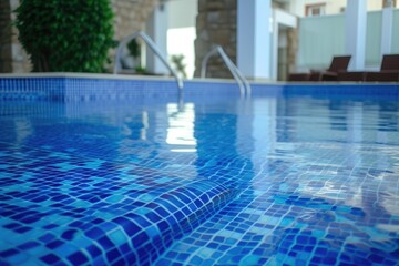 A swimming pool with blue mosaics.