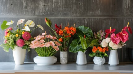  a row of vases filled with different types of flowers on top of a white table next to a gray wall and a black vase with orange and white flowers in it.