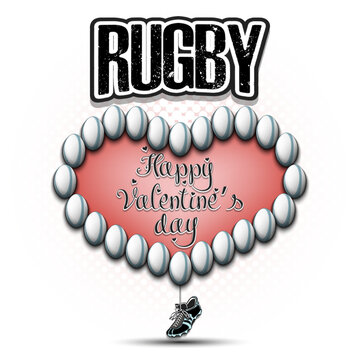 Happy Valentines Day. Heart made of rugby balls
