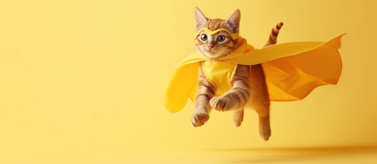 Stylist a cute cat superhero orange color tabby kitty on yellow background