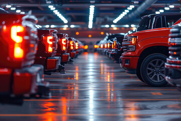 A fleet of fiery red trucks line the warehouse, their wheels and tires ready to hit the road and transport brave firefighters to their next heroic destination - obrazy, fototapety, plakaty