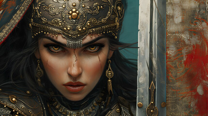 An epic close-up of a Persian female warrior