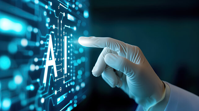 doctors hand pointing at digital data screen with the word AI -  virtuel medicine
