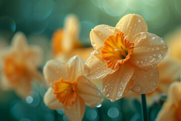 Daffodils in the morning dew and rain